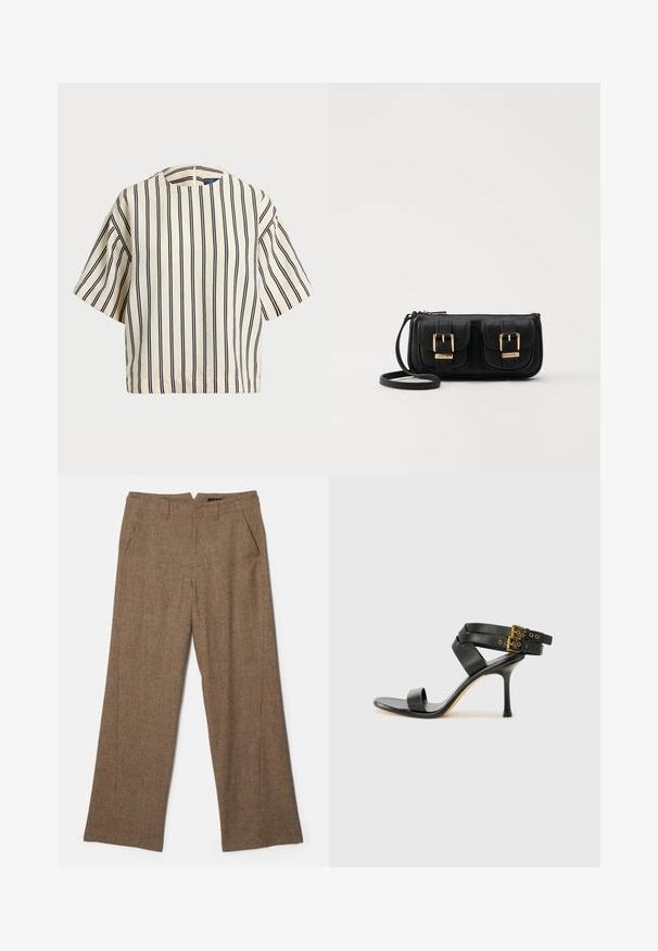 Top a maniche corte a righe in crema e blu navy, con scollatura rotonda e design squadrato, realizzato in un tessuto texturizzato.; Pantaloni larghi color marrone realizzati in tessuto texturizzato con un sottile motivo a quadri, dotati di due tasche laterali e una vita a media altezza.; Sandal nero con tacco a spillo, straps incrociati e fibbia regolabile. Presenta una texture liscia e un tacco affusolato.; Borsa a tracolla nera in pelle con due tasche frontali, fibbie dorate, chiusura con zip e una tracolla sottile. Superficie texturizzata e forma rettangolare compatta.