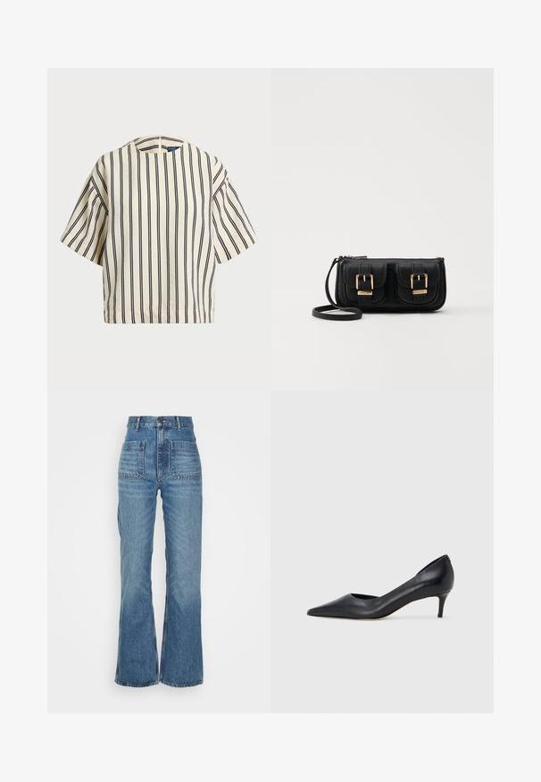 T-skjorte med korte ermer, stripet i kremfarge og marineblå, med rund hals og en boxy design i en strukturert stoff.; Høyt liv blå denim jeans med vide ben, to frontlommer og to baklommer; strukturert stoff med en falmet vask.; Sort lærpumps med spiss tupp og lav hæl. Har en jevn tekstur og subtil glans. Åpen utskjæring foran for ekstra detalj.; Svart skinn crossbody veske med to frontlommer, gyldne spenner, glidelåslukking og en slank stropp. Teksturert overflate og kompakt rektangulær form.