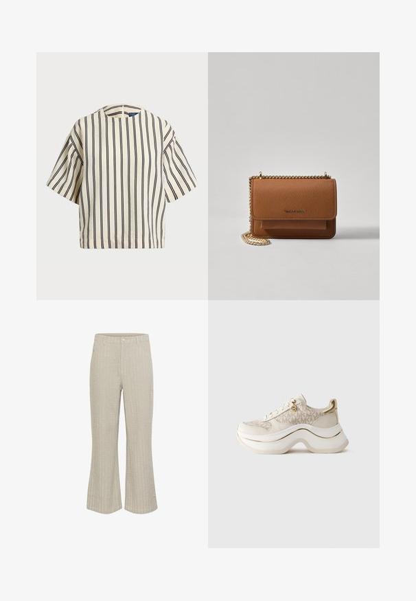 Kratki rukavi, prugasti top u krem i tamnoplavoj boji, sa okruglim izrezom i kutijastim dizajnom od teksturirane tkanine.; Bežaste široke hlače s teksturiranim rebrastim uzorkom, s prednjim zatvaranjem na gumbima i džepovima. Tkanina djeluje mekano s blagim sjajem.; Bež i zlatne platforme tenisice s "MK" uzorkom, vezanje sprijeda, zlatni privjesak i debeli valoviti potplat na jednostavnoj pozadini.; Smeđa kožna torba preko tijela s teksturom, zlatnim lančićem i preklopom na zatvaranju. Na prednjoj strani nalazi se detalj s potpisom i džep ispod preklopa.