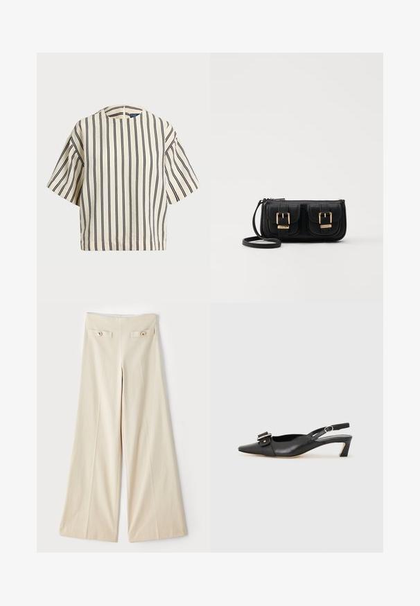 Kreemjas ja tumesinises triibuline lühikeste varrukatega top, millel on ümmargune kaelus ja kastmine disain, valmistatud tekstuurses kangas.; Beige laiad jalad kõrge vöökohaga, millel on kaks dekoratiivset esikotti ja kuldse tooni nupud kummalgi pool. Sile kangatekstuur.; Must must nahk slingback kingad terava varbaga, väikese kontsaga ja dekoratiivse pandlaga ülaosas. Sile tekstuur, minimalistlik disain.; Must küllastamata nahast õlakott, millel on kaks esist nähtavat taskut, kuldsed pandlad, tõmblukuga sulgemine ja peen rihm. Tekstuuriga pind ja kompaktne ristkülikukujuline kuju.