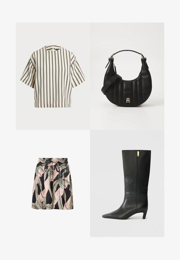 T-skjorte med korte ermer, stripet i kremfarge og marineblå, med rund hals og en boxy design i en strukturert stoff.; Blomstertrykt skjørt med svart bakgrunn, elastisk midjebånd, snor detaljer og en lett, glatt tekstur.; Sorte lærknæhøje støvler med spids tå og en lille hæl. Har et strømlinet design med en gylden accentdetalje. Glat tekstur.; Svart skinnhåndveske med en buet form, kviltet tekstur og gullhardware. Har en avtagbar skulderrem og logo-detaljer.