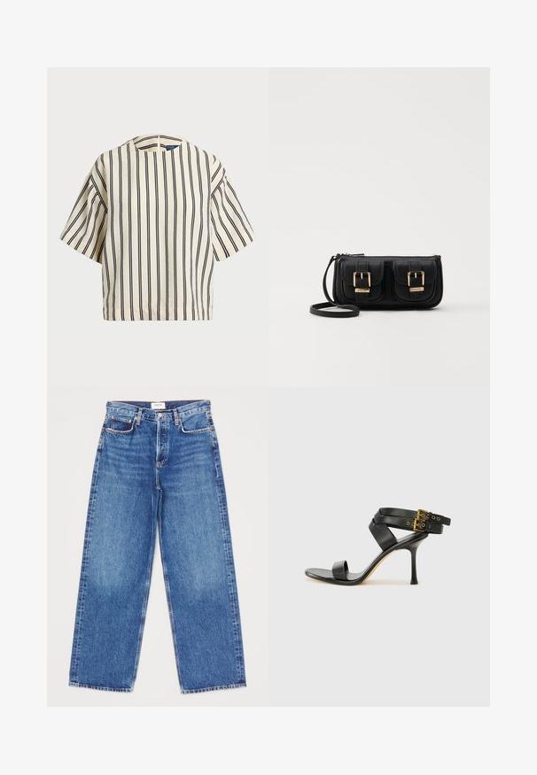 Korte mouwen, gestreepte top in crème en marineblauw, met een ronde halslijn en een boxy ontwerp van een textuurstof.; Denim wijde pijpen jeans in middelblauwe wassingen met vijf zakken, rechte pijpen en stikseldetails. Merktag zichtbaar bij de tailleband.; Zwarte hoge hak sandaal met gekruiste bandjes en verstelbare gespsluiting. Heeft een gladde textuur en een taps toelopende stilettohak.; Zwarte leren schoudertas met twee vo pockets, gouden gespen, ritsluiting en een smalle band. Tekstuur oppervlak en compacte rechthoekige vorm.