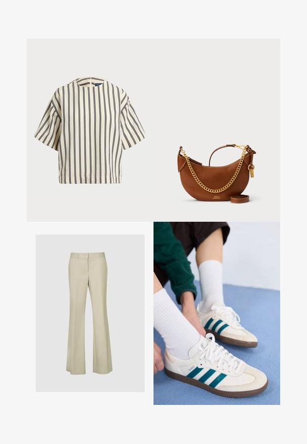 Kurzärmliges, gestreiftes Oberteil in Creme und Marineblau, mit rundem Halsausschnitt und kastiger Form aus strukturiertem Stoff.; Beige Schlaghosen aus einem glatten Stoff mit einer mittelhohen Taille, Nahtdetails und ohne sichtbare Beschläge oder Muster.; Weiße Sportschuhe mit türkisfarbenen Streifen, strukturiertem Obermaterial und braunen Gummisohlen. Kombiniert mit weißen gerippten Socken.; Braune Lederhandtasche mit geschwungenem Design, goldener Kettenriemen, Innentasche und abnehmbarem Schulterriemen. Mit kontrastierenden Nähten.