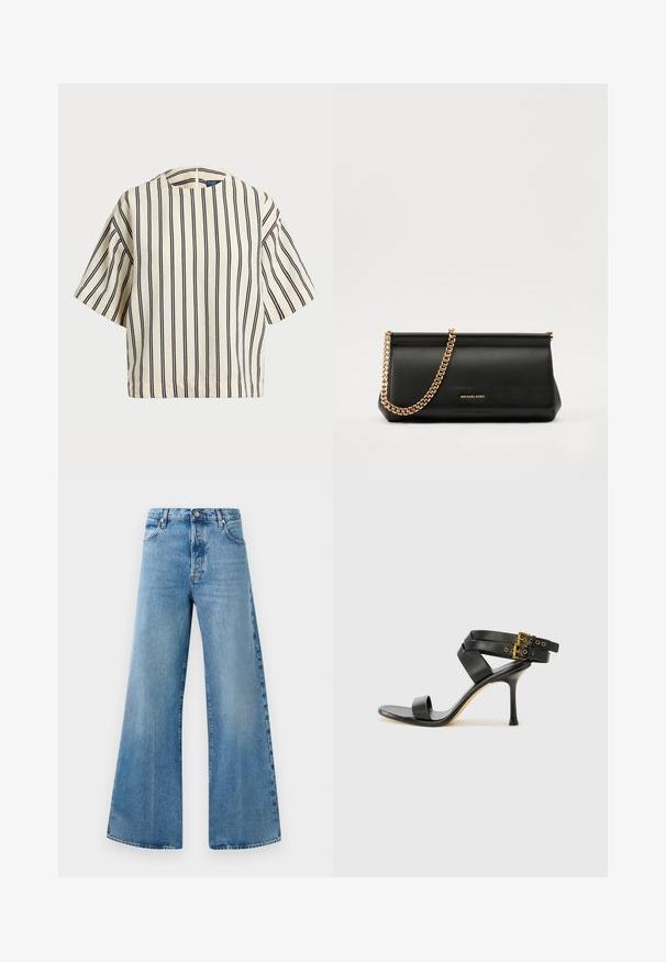 Top de manga curta, riscado em creme e azul marinho, com decote redondo e design boxy em tecido texturizado.; Jeans em denim azul claro de perna larga com uma cintura alta, apresentando bolsos frontais, fecho de botão e discretos detalhes de desbotamento.; Sandal preto de salto alto com tiras cruzadas e fivela ajustável. Apresenta uma textura suave e um salto agulha afilado.; Mala de mão de couro preta com uma alça de corrente dourada, apresentando uma textura suave, forma retangular e uma marca gravada na parte da frente.