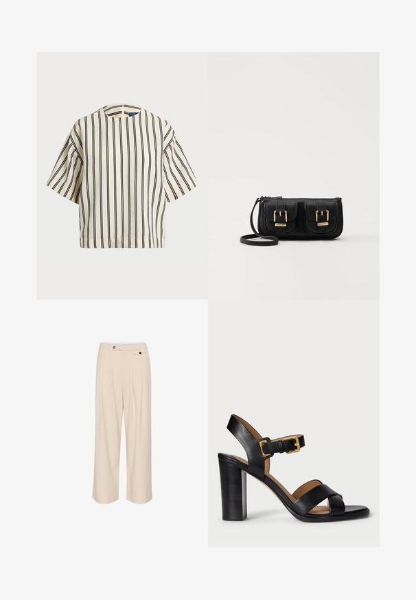 T-shirt à manches courtes, rayé crème et marine, présentant un col rond et un design boxy avec un tissu texturé.; Pantalons larges beiges avec un devant plat, deux poches latérales, une fermeture à bouton et des détails plissés pour une texture et un design supplémentaires.; Sandales à talons en cuir noir avec un design à lanières croisées et une fermeture à boucle. Elles possèdent un talon épais et une texture lisse.; Sac en cuir noir porté en travers avec deux poches avant, boucles dorées, fermeture zippée et une sangle fine. Surface texturée et forme rectangulaire compacte.