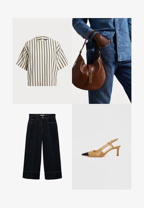 Short-sleeve, striped top in cream and navy, featuring a round neckline and boxy design with a textured fabric.; Dark denim wide-leg pants featuring a high waist, two front pockets, and contrasting stitching. Cuffed hem adds a distinct detail.; Tan slingback heels with a pointed black toe cap, featuring cut-out sides and a mid-height block heel. Smooth leather material.; Brown leather hobo bag with a rounded shape, featuring a gold hardware accent and contrast stitching. Paired with a denim shirt and jeans.