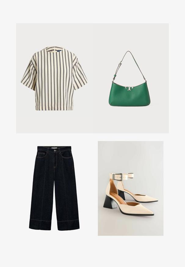 Cămașă cu mâneci scurte, cu dungi în nuanțe de crem și bleumarin, având un decolteu rotund și un design dreptunghiular dintr-un material texturat.; Pantaloni din denim închis cu picioare largi, având talie înaltă, două buzunare frontale și cusături contrastante. Zlatul răsucit adaugă un detaliu distinct.; Pantofii cu toc înalt din piele lacuită crem, cu vârf triunghiular și curea la gleznă ajustabilă. Au un toc gros de culoare neagră și o textură netedă.; Geantă de mână din piele verde, cu o formă diagonală, accente din metal argintiu, finisaj texturat și un singur mânere de umăr ajustabil.