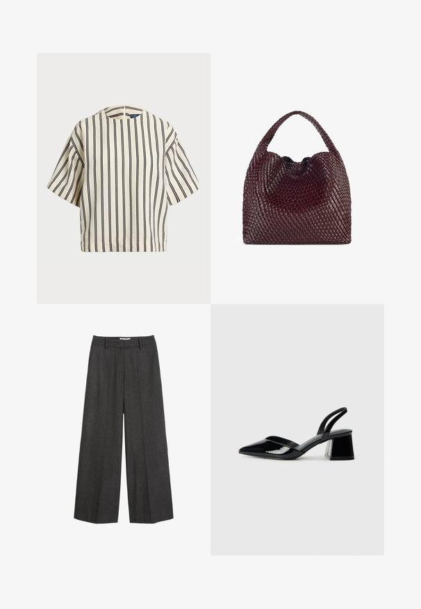 Kortärmad randig topp i krämfärgad och marinblå, med rund halsringning och fyrkantig design i en texturerad tyg.; Breda byxor i mörkgrått tyg. Har en skräddarsydd midja med bältesöglor, slät yta och minimal sömnadsdetaljer.; Svarta lackläder slingback klackar med spetsig tå och geometrisk klack. Har en elegant, minimalistisk design och slät yta.; Vävd burgunderfärgad handväska med rund form och ett enda handtag, med en strukturerad yta och ett elastiskt dragsnöre som stängning.