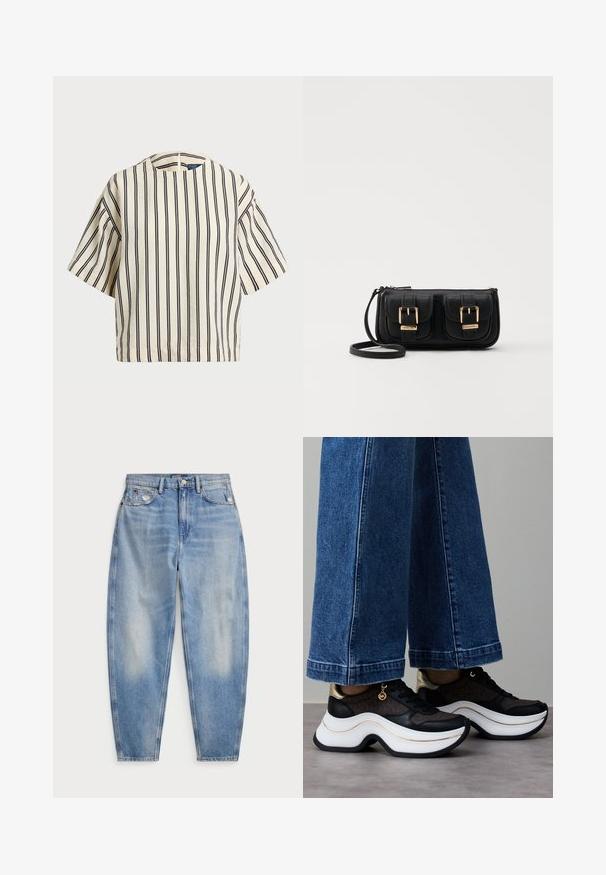 Kreklus, svītrainā blūze ar īsām piedurknēm, krēmkrāsā un tumši zilā tonī, ar apaļu apkakli un kvadrātveida dizainu, izgatavota no teksturētas auduma.; Gaiši zili augstās vidukļa džinsi ar sašaurinātu kāju, priekšējām un aizmugurējām kabatām, nelielu nolietojumu pie priekšējām kabatām un ar pogu aizdari.; Melni un zelta sporta apavi ar izliekta baltā zoli. Teksturēts audums ar logotipa akcentiem. Pāris ar platām zila džinsa biksēm.; Melnas ādas crossbody soma ar divām priekšējām kabatām, zelta sprādzēm, ar rāvējslēdzēju aizdari un šauru siksnu. Strukturēta virsma un kompakta taisnstūra forma.