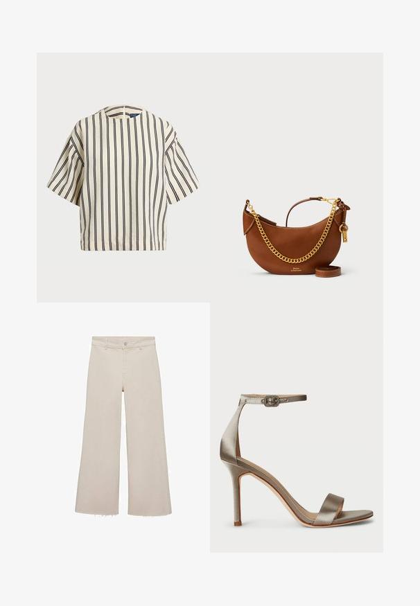 Kratki rukavi, prugasti top u krem i tamnoplavoj boji, sa okruglim izrezom i kutijastim dizajnom od teksturirane tkanine.; Bež traperice širokog kroja s visokim strukom, izrađene su od traper tkanine. Imaju sirovi rub na dnu te prednje kopčanje na gumbe i patentni zatvarač.; Srebrne satenske sandale na visokom potplatu s trakicom oko gležnja, ukrašene dekorativnom kopčom. Otvoren prst i vitak, elegantan dizajn.; Smeđa kožna torba s ovalnim dizajnom, zlatnim lancem za nošenje, unutarnjim džepom i odvojivim remenom za rame. Sadrži kontrastne šavove.