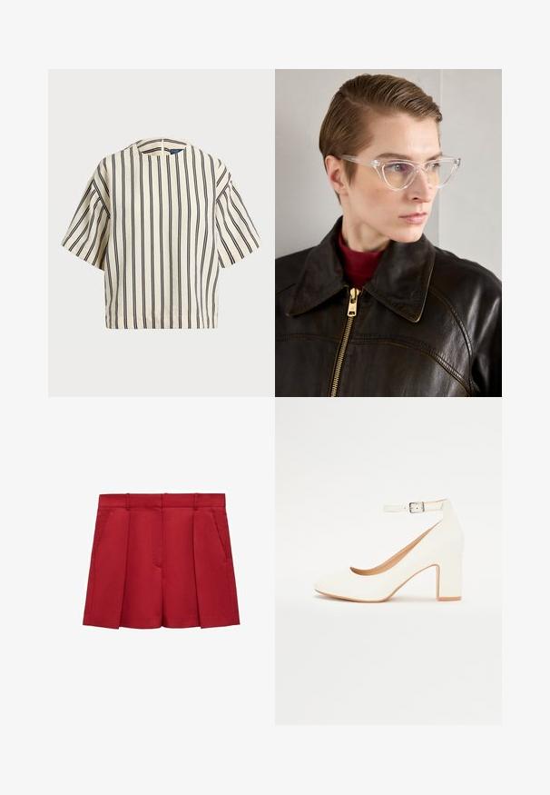 Cămașă cu mâneci scurte, cu dungi în nuanțe de crem și bleumarin, având un decolteu rotund și un design dreptunghiular dintr-un material texturat.; Shorts roșii croiți din material ușor, cu un front plat, două buzunare laterale și un finisaj impecabil cu pliu.; Pantof de damă alb cu toc înalt, vârful ascuțit, toc pătrat și curea la gleznă. Finisaj neted cu un ușor luciu și căptușeală bej.; Ochelari cat-eye din acetat transparent, cu lentile galbene, purtați de o persoană într-o jachetă din piele neagră și un pulover roșu. Textură netedă.