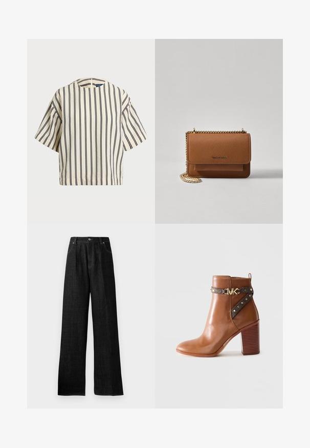 Kratki rukavi, prugasti top u krem i tamnoplavoj boji, sa okruglim izrezom i kutijastim dizajnom od teksturirane tkanine.; Crne traperice širokog kroja s visokim strukom, s ton-alternacijom u šavovima, prednjim kopčanjem na gumb i dva bočna džepa.; Smeđe kožne čizme do gležnja s blok petom, bočnom trakom koja ima zlatne studove i zlatnu kopču s "MK" logom.; Smeđa kožna torba preko tijela s teksturom, zlatnim lančićem i preklopom na zatvaranju. Na prednjoj strani nalazi se detalj s potpisom i džep ispod preklopa.