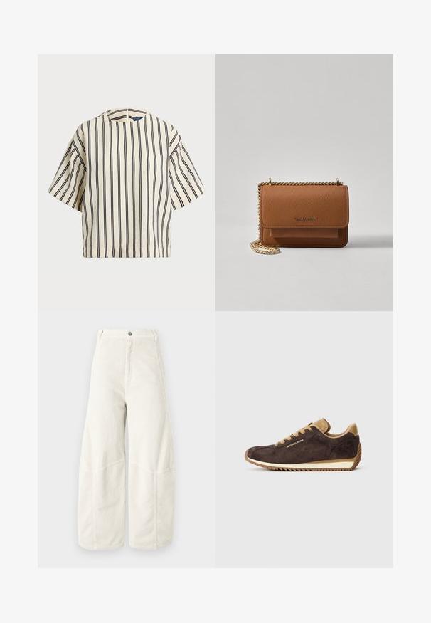 Lyhythihainen, raidallinen paita kirkas- ja tummansinisen sävyissä, jossa on pyöreä pääntie ja laatikkomainen muotoilu tekstuuritetussa kankaassa.; Valkoiset corduroyhousut, joissa on leveät lahkeet ja ribattu pinta, klassinen nappisuljenta ja yksinkertaiset sivutaskut.; Ruske suède tenisice s bež kožnim detaljima, imaju okrugle vezice, bež gumeni potplat i logo "Michael Kors" na vanjskoj strani.; Ruskean teksturoidun nahkasta valmistettu crossbody-laukku, jossa on kultaketjuhihna ja läppäkiinnitys. Edessä on logodetail ja tasku läppäisen alla.