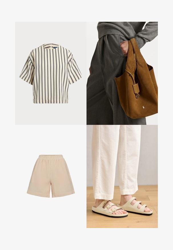 Short-sleeve, striped top in cream and navy, featuring a round neckline and boxy design with a textured fabric.; Moves PYNNA - Shorts - tangerine; Light beige sandals featuring three adjustable straps with metallic buckles, a cushioned footbed, and a black rubber sole.; Brown suede tote bag with rounded shape, dual handles, and a metal hardware accent. Features a small logo on the front.