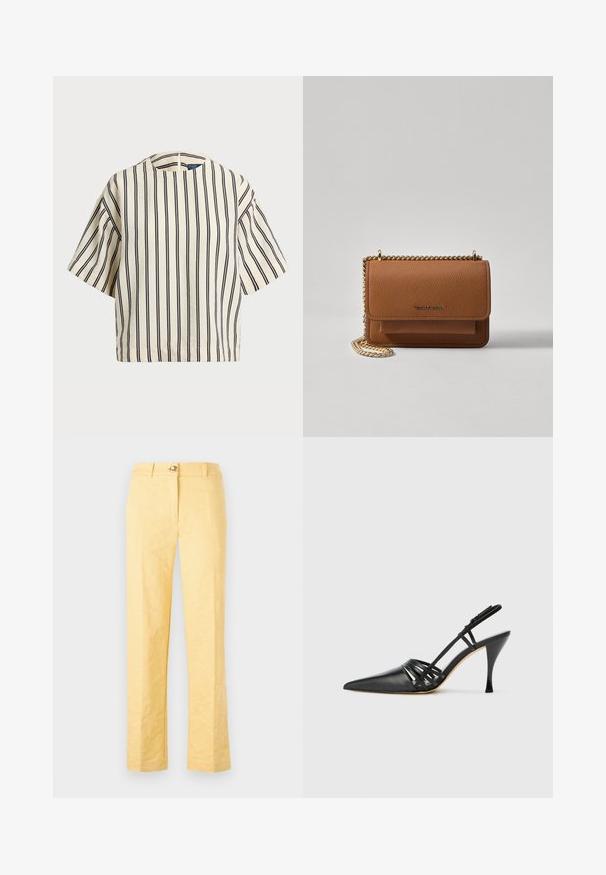 Kreminės ir tamsiai mėlynos juostelės trumpų rankovių marškinėliai, turi apvalų iškirpimą ir dėžutės tipo dizainą, pagaminti iš tekstūruotos medžiagos.; Geltoni pritaikyti kelnių modeliai su tekstūruotu gėlių raštu, tiesių kojų dizainu, sagos uždarymu ir diržo kilpomis juosmenyje.; Juodas odinis aukštakulnis slingback batelis su smailiu noseliu, kryžminiu dirželiu ir plonu stiletto kulnu. Lygus paviršius ir minimalūs akcentai.; Ruda tekstūruota odinė per petį nešama rankinė su auksiniu grandininiu dirželiu ir užlenkiamo užsegimo. Priekinėje pusėje yra logotipo detalė ir kišenė po užlenkimu.
