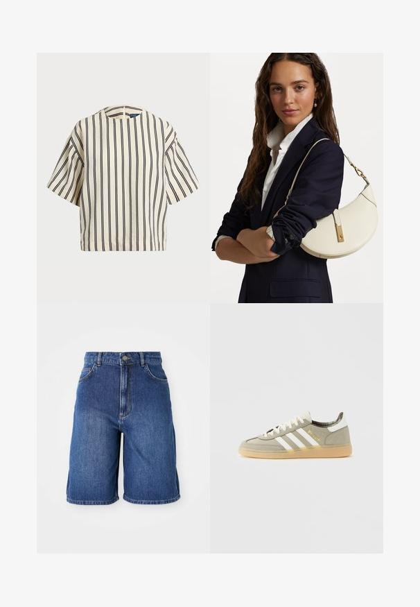 Krátký rukáv, pruhované tričko ve krémové a námořnické barvě, s kulatým výstřihem a širokým střihem z texturovaného materiálu.; Džínové kraťasy v tmavě modré barvě, s vysokým pasem, pěti kapsami a kontrastním prošíváním. Neopracovaný lem na spodním okraji.; Šedé semišové tenisky s bílými pruhy, zlatými akcenty a texturovanou gumovou podrážkou. Mají podšívku s kostkovaným vzorem a nízký design.; Bílá kožená kabelka zakřiveného tvaru, se zlatými doplňky a texturovaným povrchem, nošená přes tmavý blazer a bílou košili.