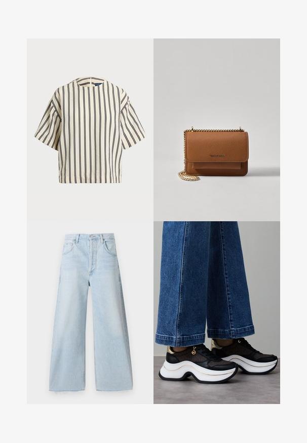 Kreemjas ja tumesinises triibuline lühikeste varrukatega top, millel on ümmargune kaelus ja kastmine disain, valmistatud tekstuurses kangas.; Heledad sinised laiad teksad, mis on valmistatud denimist, kõrge vöökohaga, esikottidega ja väljaulatuvate õmblusdetailidega. Alt on tooriku äär.; Mustad ja kuldsed tossud kumerate valgete talladega. Tekstuurse kangaga, millel on logo aktsendid. Sobitatud laia siniste teksapükstega.; Pruun tekstureeritud nahk ristkeha kott kuldse ahelaga rihmaga ja klapiga sulgemine. Esiküljel on logo detail ja tasku klapi all.