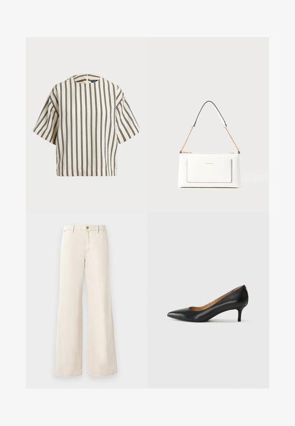 Top de manga corta a rayas en crema y azul marino, con cuello redondo y un diseño cuadrado, confeccionado en una tela texturizada.; Pantalones de corte ancho beige hechos de algodón con una textura suave. Cuentan con un cierre de botón, bolsillos frontales y un diseño de cinturilla clásico.; Zapato de tacón negro de cuero con punta afilada, tacón bajo y textura suave. Presenta una ligera apertura en la parte frontal y un hardware minimalista en la parte trasera.; Bolso de mano de cuero blanco con un acabado texturizado, que cuenta con una correa de cadena dorada y acentos negros. Incluye un bolsillo frontal y cierre de cremallera.