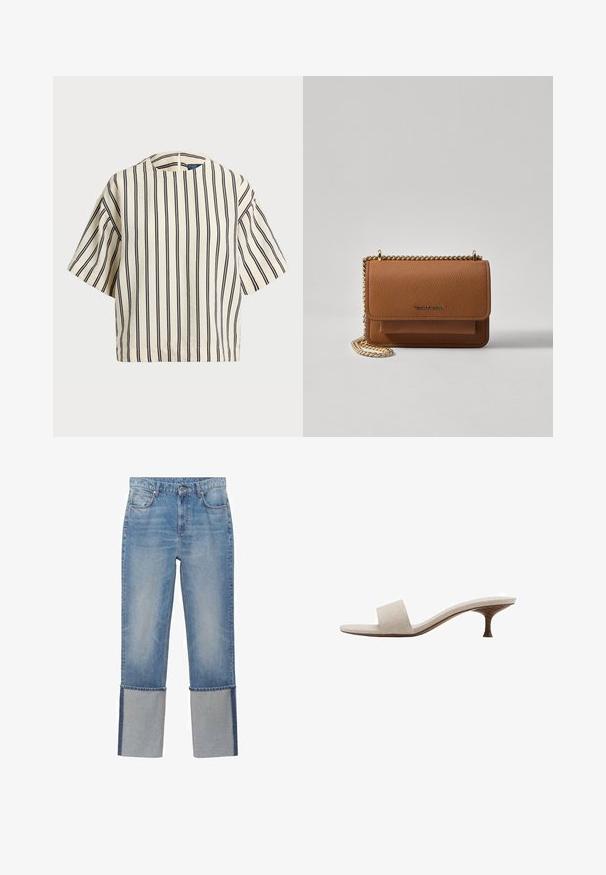 Krótki rękaw, paskowana bluzka w kolorze kremowym i granatowym, z okrągłym dekoltem i pudełkowym krojem, wykonana z fakturowanej tkaniny.; Jasnoniebieskie dżinsy o prostym kroju, z kontrastowymi szarymi mankietami na kostkach i klasycznym pięcioma kieszeniami.; Sandały bez obcasa z beżową tkaniną wplecioną w górnej części, otwartym przodzie i wygiętą drewnianą podeszwą. Projekt cechuje się gładką teksturą i minimalistycznym kształtem.; Brązowa skórzana torba na ramię z teksturą, z złotym łańcuszkiem i zapięciem na klapkę. Z przodu znajduje się detal z logo oraz kieszeń pod klapką.