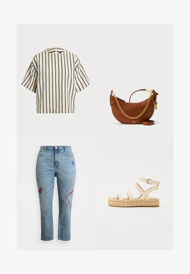 Kratek rokav, prugast top v kremni in mornarsko modri barvi, z okroglim izrezom in kvadratnim dizajnom ter teksturirano tkanino.; Svijetloplavi traperice s ravnim nogavicama. Sadrže mrlje od boje u ljubičastoj, zelenoj i crvenoj boji po prednjoj strani za jedinstveni dizajn.; Svetlo bež usnjene espadrile s štirimi križnimi trakovi in paščkom okoli gležnja, ki imajo pleteni jute podplat ter raven gumijast dno.; Rjava usnjena torbica s ukrivljenim dizajnom, zlatim verižnim trakom, notranjim žepom in snemljivim ramenskim trakom. Ima kontrastno šivanje.