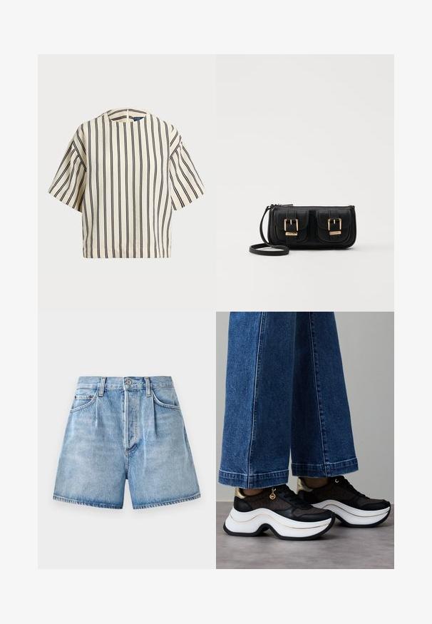 Krátky rukáv, pruhovaný top v krémovej a námorníckej modrej farbe, s okrúhlym výstrihom a štvorcovým strihom z texturovanej tkaniny.; Svetloblúzové denimové šortky s vysokým pásom, s gombíkom a zipsom, prednými vreckami a roztrhnutým lemom.; Čierne a zlaté tenisky s krivou bielou podrážkou. Textúrovaná látka s logotypovými akcentmi. Kombinované so širokými modrými rifľovými nohavicami.; Čierna kožená crossbody taška s dvoma prednými vreckami, zlatými sponami, zipsovým uzatváraním a úzkym popruhom. Štruktúrovaný povrch a kompaktný obdĺžnikový tvar.
