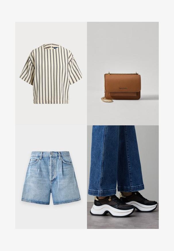 Cămașă cu mâneci scurte, cu dungi în nuanțe de crem și bleumarin, având un decolteu rotund și un design dreptunghiular dintr-un material texturat.; Shorts din denim de culoare albastru deschis, cu talie înaltă, dotate cu închidere cu nasture și fermoar, buzunare frontale și o margine brută.; Adidași negri și aurii cu talpă albă curbată. Material texturat cu accente de logo. Asortați cu pantaloni largi din denim albastru.; Geantă crossbody din piele texturată maro, cu curea din lanț aurit și închidere cu clapetă. Partea din față prezintă detalii cu logo și o buzunar sub clapetă.