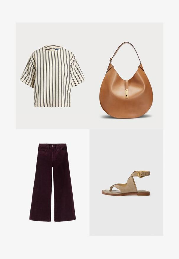 Top de manga corta a rayas en crema y azul marino, con cuello redondo y un diseño cuadrado, confeccionado en una tela texturizada.; Pantalones de pana de pierna ancha en un profundo burdeos, con una cintura alta, cierre de botón y diseño clásico de cinco bolsillos con textura acanalada.; Sandalia de ante beige con un lazo para los dedos, lados abiertos y una amplia correa en el tobillo con una hebilla dorada. Suela plana marrón con un ligero borde.; Bolso de mano de cuero marrón claro con forma curva y una amplia correa para el hombro. Presenta un acento de metal dorado en el centro y una textura suave.