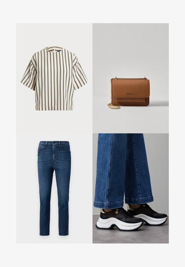 Kortärmad randig topp i krämfärgad och marinblå, med rund halsringning och fyrkantig design i en texturerad tyg.; Blå slim-fit jeans med klassisk fem-ficksdesign och knäppning, med subtila blekningar och rakbyxa med ren skärning.; Svart- och guldsneakers med en krökt vit sula. Texturerat tyg med logotypaccenter. Kombinerade med vida blå jeans.; Brun texturerad läder crossbody-väska med guldkedja och klaffstängning. Framsidan har logotypdetalj och en ficka under klaffen.