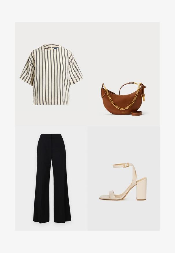 Krátky rukáv, pruhovaný top v krémovej a námorníckej modrej farbe, s okrúhlym výstrihom a štvorcovým strihom z texturovanej tkaniny.; Čierne široké nohavice s vysokým pásom, hladkým materiálom a elegantnými líniami. Bez viditeľného hardvéru alebo vzorov.; Béžové sandále na vysokom opätku so štvorcovou špičkou, tenkým remienkom na členku a blokovým opätkom. Hladká kožená textúra s detailom zlatého spony.; Hnedá kožená kabelka s zakriveným dizajnom, zlatým reťazovým popruhom, vnútornou kapsou a odnímateľným ramenným popruhom. Obsahuje kontrastné švy.