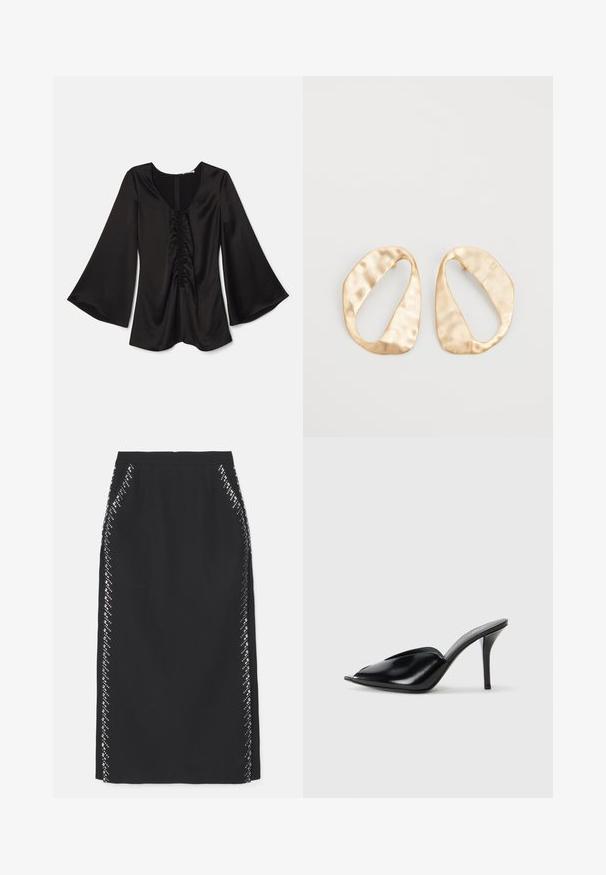 Černá saténová blůza s dlouhými, zvonovými rukávy. Má hluboký kulatý výstřih a řasený detail na středu. Hladká textura. Zapínání na zip na zadní straně.; Černá tužková sukně s hladkou texturou, s diamantovým vzorem reflexních ozdob podél bočních švů. Střih na míru.; Černé kožené vysoké muly s otevřenou špičkou, špičatým designem, hladkým povrchem a štíhlým jehlovým podpatkem.; Pár nepravidelných oválných náušnic z kovu pozlaceného zlatem s texturovaným, mírně kladivkovým povrchem na bílém pozadí.