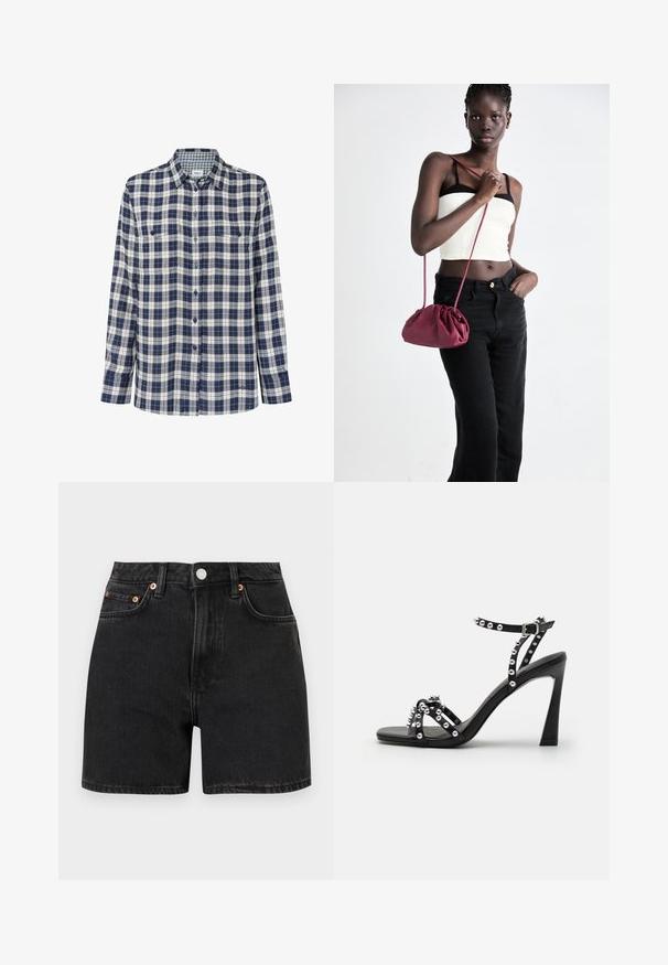 Chemise en flanelle à carreaux bleu marine, blanc et rouge. Manches longues, fermeture à boutons, deux poches poitrine et un logo subtil en bas.; Shorts en denim noir à taille haute, avec des accents de boutons en cuivre et une conception à cinq poches. Texture lisse, coupe droite et ourlets retournés.; Sandale noire à talon haut avec une large bride, des accents cloutés et un design élégant; dotée d'une fermeture à boucle et d'une finition lisse.; Sac à main en tissu doux bordeaux avec un design froncé et une longue sangle, porté en bandoulière. Le mannequin porte un top court blanc et un jean noir.