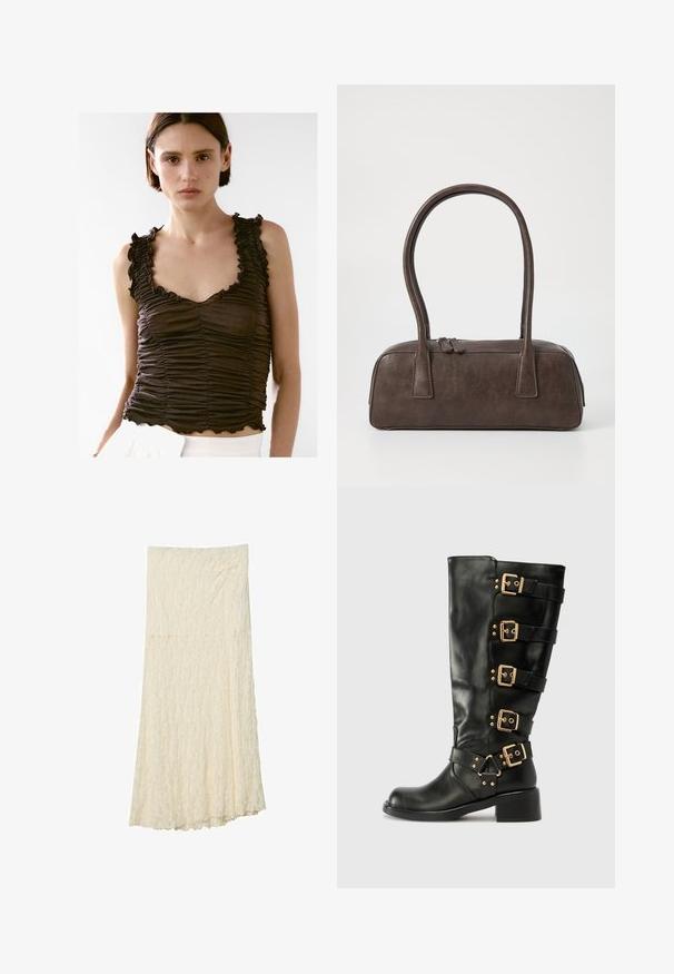 Hnědý řasený top bez rukávů se zakulacenými okraji a volánkovými ramínky, s přiléhavým střihem a jemnou texturou, nošený přes bílé spodní díly.; Dlouhá krajková sukně v off-white barvě s texturovaným květinovým vzorem, vypasovaný pas a splývavý střih s mírně rozšířeným lemem.; RAID GELINA - Kovbojské/motorkářské kozačky - black; Hnědá kožená kabelka s dvěma pevnými uchy, obdélníkový tvar, hladká textura a zipové zavírání. Minimalistický design bez viditelných vzorů.
