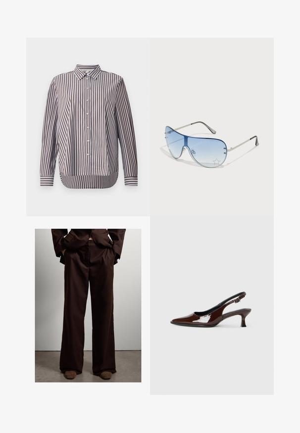 Camisa de botones fabricada en algodón, con rayas verticales en marrón y azul claro, un collar puntiagudo y mangas largas con puños de botón.; Pantalones de pierna ancha marrones hechos de una tela suave, con una textura lisa, bolsillos laterales y un ajuste entallado en la cintura.; Zapato slingback de charol marrón con punta afilada y tacón moderado. Cuenta con una correa con hebilla para un ajuste seguro. Textura suave.; Gafas de sol tipo aviador con lentes azul degradado, montura de metal plateado y acentos decorativos de estrellas en los lentes. Diseño suave y elegante.