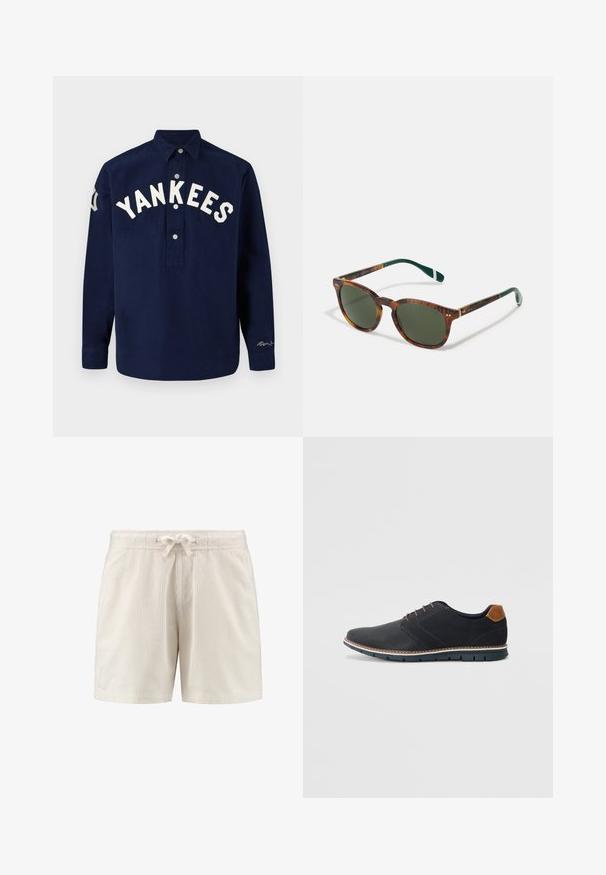 Granatowa koszula z długim rękawem z wyszytym napisem "YANKEES" na piersi, ma zapinaną na guziki kołnierz i prosty dół.; Jasbeżowe szorty z kordury z elastycznym pasem i sznurkiem, o pionowej, ryflowanej teksturze i bocznymi kieszeniami.; Czarne syntetyczne buty z fakturowaną cholewką, gładkimi akcentami, brązowym obcasem i kontrastującą podeszwą. Charakteryzują się minimalnym sznurowaniem i detalami w szwach.; Okulary przeciwsłoneczne w stylu żółwim z zielonymi soczewkami, w zaokrąglonym kształcie, z złotymi akcentami i ciemnozielonymi ramionami z białym paskiem.
