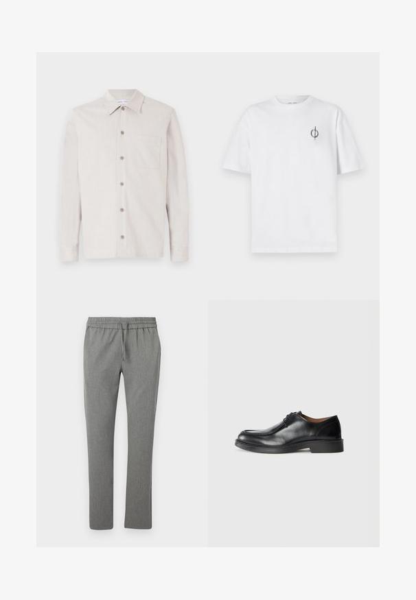 Camicia button-up beige chiaro con colletto, maniche lunghe, taschino sul petto e tessuto testurizzato. Presenta sei bottoni lungo la parte anteriore.; T-shirt in cotone bianco con vestibilità rilassata, presenta un piccolo logo grafico nero nella zona sinistra del petto. Maniche corte, collo a giro.; Pantaloni grigi a sigaretta realizzati in tessuto testurizzato. Presentano una vita elasticizzata con cordino, nessuna tasca e una finitura liscia.; Scarpa da uomo in pelle nera, con punta arrotondata, superficie liscia, dettagli in pizzo e suola in gomma bassa e texturizzata. Linee pulite e design minimale.