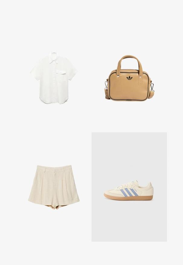 Maglietta bianca a maniche corte con bottoni, realizzata in tessuto leggero, caratterizzata da un colletto a punta e una tasca sul petto, con orlo arrotondato.; Pantaloni corti in lino beige con pieghe, vita piatta e tasche laterali. Il tessuto ha una consistenza morbida e un taglio dritto e sartoriale.; Sneaker di colore crema con strisce azzurre e testo "Samba". Presenta una suola in gomma testurizzata e una tomaia in pelle liscia.; Borsa in ecopelle color tan con due manici, tracolla removibile, cuciture nere a contrasto e un piccolo logo nero sul davanti.