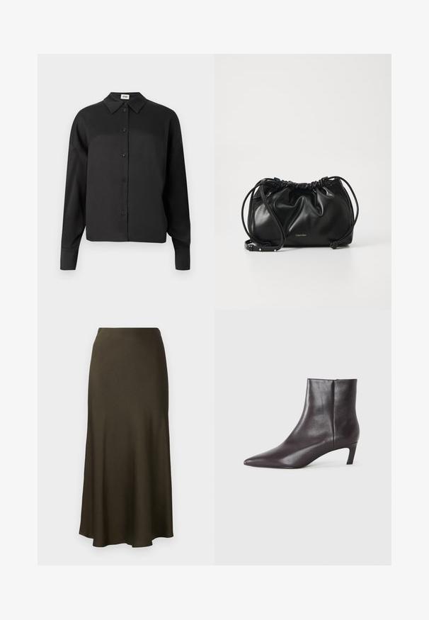Svart langermet skjorte med krage, med en glatt tekstur og et cropped snitt. Knapper er mørke og jevnt fordelt.; Mørkegrønn, satinfinish, lang skjørt med flagrende kant og jevn tekstur. Enkel design, ingen synlige mønstre eller hårdvarer.; Svart lær ankelstøvlett med spiss tå og lav kitten hæl, jevn finish, glidelås på siden, vist på en nøytral bakgrunn.; Svart lærveske med samlet design, dobbel snoråpning og avtagbar skulderrem. Har metallisk logodetalj.