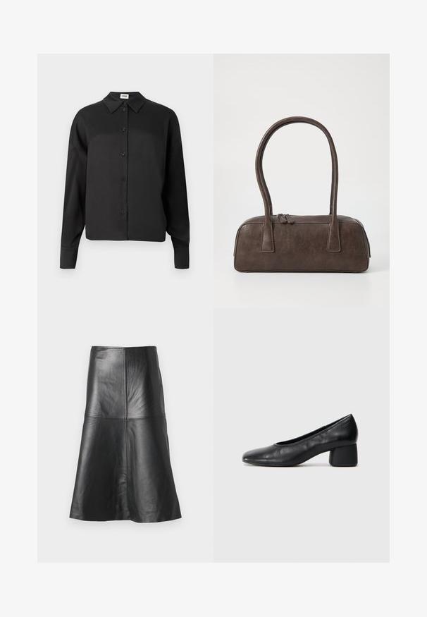 Melna garām piedurknēm pogājama kreisa ar apkakli, kurai ir gluda tekstūra un īsa silueta. Pogas ir tumšas un vienmērīgi izvietotas.; Melnas ādas A formāta svārki ar šuvēm un gludu tekstūru, uz leju sašaurināti. Vienkāršs dizains bez papildu rotājumiem.; Melna ādas kurpe ar noapaļotu purngalu un vidēja izmēra blokkāju. Gluda tekstūra ar minimāliem dekoriem, ar delikātu elastīgu atveri.; Brūna ādas rokassoma ar divām izturīgām rokturām, taisnstūra forma, gluda tekstūra un ar rāvējslēdzēju. Minimālisma dizains bez redzamām rakstzīmēm.