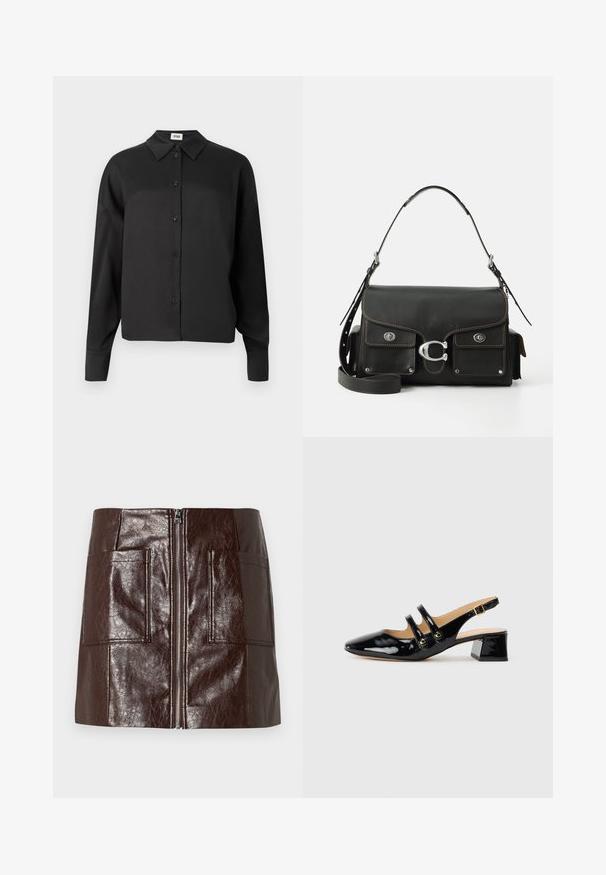 Sort langærmet skjorte med knapper og krave, der har en glat tekstur og en cropped silhuet. Knapperne er mørke og jævnt fordelt.; Brun faux læder mini-skjørt med en frontlynlås, to store forlommer og en glat, blank overflade.; Sorte patentlæder slingback sko med spids tå, to stropdetaljer, gyldne cirkulære accenter og en lav blokhæl.; Sort læderhåndtaske med klaplukning, sølvhardware, to frontlommer, kontrasterende syninger og en aftagelig skulderrem.