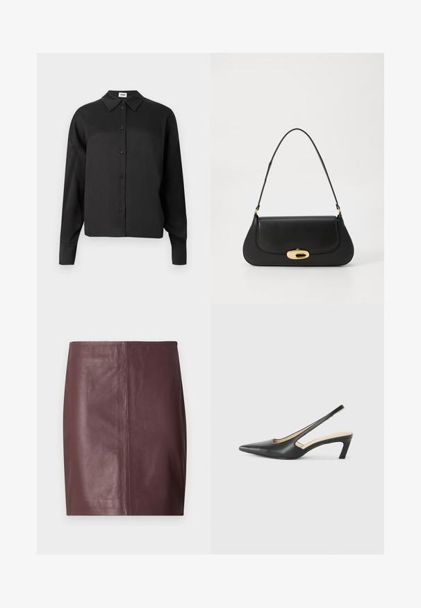 Black long-sleeve button-up shirt with a collar, featuring a smooth texture and a cropped silhouette. Buttons are dark and evenly spaced.; Dark brown leather pencil skirt with a straight, smooth front and subtle vertical seam detail down the center.; Black pointy-toed slingback shoe with a low heel, featuring smooth leather material and cut-out design on the side for breathability.; Black leather handbag with a curved design, gold-tone hardware, and a top handle. Features a sleek closure and smooth texture.