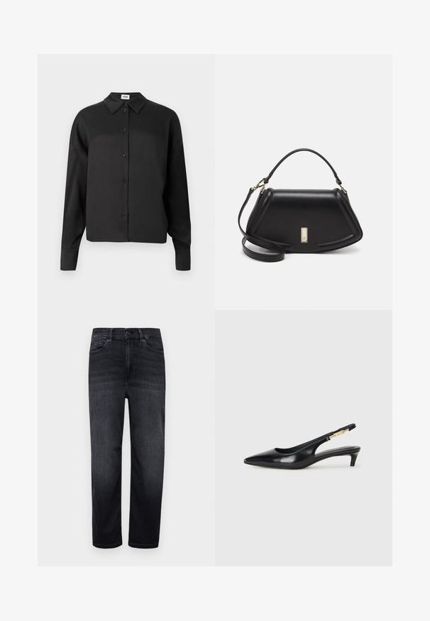 Cămașă neagră cu mânecă lungă, cu guler, având o textură netedă și o siluetă cropped. Butoanele sunt întunecate și plasate uniform.; Jeans din denim închis cu o croială normală, picioare drepte, buzunare frontale, un buzunar mic pentru monede și închidere cu buton. Textură netedă și decolorare minimă.; Sandale slingback din piele neagră cu vârf ascuțit, având un toc subțire și un accent de culoare aurie pe curea ajustabilă. Textură netedă.; Geantă de umăr din piele neagră, cu un design structurat, având o formă tăiată, mânere superioare și accente din aur. Include o curea de umăr ajustabilă.