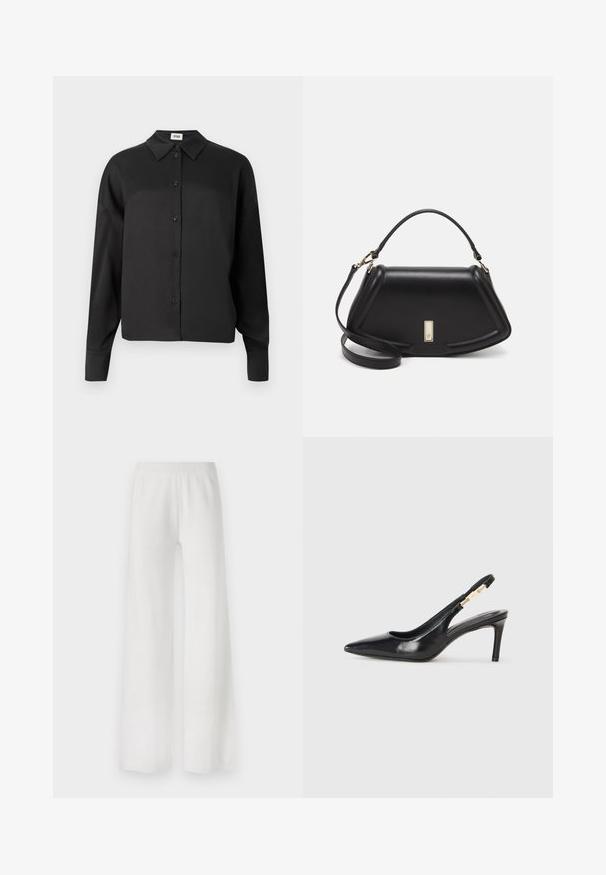 Crna košulja dugih rukava, dugmadi s ovratnikom, s glatkom teksturom i skraćenom siluetom. Dugmad su tamna i ravnomjerno raspoređena.; Bijele hlače širokih nogavica od mekog materijala, s elastičnim pojasom, ravnog kroja i bez vidljivih uzoraka ili detalja.; Crna kožna salonka s visokim potpeticama i šiljastim vrhom, glatke teksture, s uskim remenom oko gležnja koji ima zlatne akcentne dijelove.; Crna kožna torba s strukturiranim dizajnom, s krojenim oblikom, gornjom drškom i zlatnim detaljima. Uključena je podesiva ramena traka.