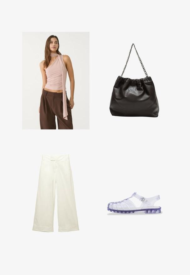 Asymmetrisk pink top med samlet tekstur, prydet med et langt tørklæde. Sammen med brune bukser med bred ben. Blødt stof, minimalistisk design.; Bredde bukser i blødt, cremefarvet stof. Har en flad talje og op-rullede manchetter. Glat tekstur med et rent, minimalistisk design.; Gennemsigtige lilla plastiksandaler med lukket tå, åben ryg og justerbar rem. Har vandrette og lodrette udskæringer.; Brun lædertaske med en rynket top og en kædestrop. Glat tekstur med en blank finish og subtile sømdetaljer på siderne.