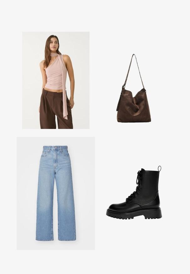 Asymetryczna różowa bluzka o sięgającym brzegową fakturze, z długim detalem w postaci szala. Połączona z brązowymi spodniami o szerokich nogawkach. Miękki materiał, minimalistyczny design.; Jasnoniebieskie jeansy z wysokim stanem i szerokimi nogawkami, z zapięciem na guziki i zamek z przodu, przednie i tylne kieszenie, na białym tle.; Czarne sznurowane botki za kostkę wykonane z syntetycznej skóry, z grubą podeszwą, pętelką do zakładania i wyraźnymi detalami przeszycia.; Brązowa zamszowa torba hobo z zaokrąglonym przodem, długim paskiem z akcentami w postaci kropek oraz miękką fakturą. Charakteryzuje się luźnym designem, idealnym do codziennego użytku.
