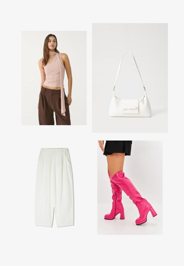Asymmetrisk pink top med samlet tekstur, prydet med et langt tørklæde. Sammen med brune bukser med bred ben. Blødt stof, minimalistisk design.; Løse, knælange hvide bukser lavet af et let materiale, med sidelommer og en samlet elastisk talje.; Lyserøde støvler over knæet lavet af glat læder med en chunky høj hæl og side lynlås, med en foldet top for ekstra designdetalje.; Hvid syntetisk håndtaske med en trekantet form, flad forsideklap og sløjfedetalje, justerbar strop, glat tekstur og minimalistisk design.