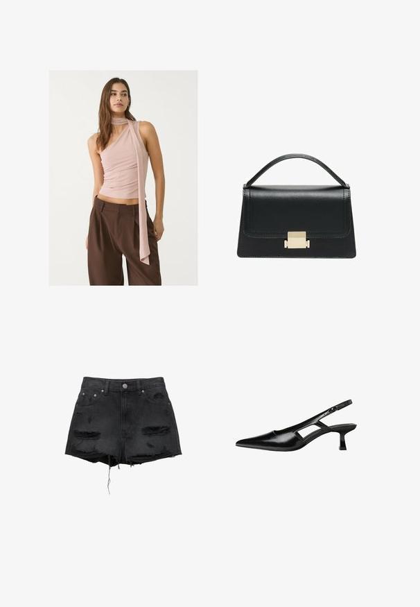 Asimetrična roza majica z nabranimi detajli, ki vključuje dolg šal. V kombinaciji z rjavimi širokimi hlačami. Mehka tkanina, minimalističen dizajn.; Črne jeans kratke hlače z robovi, ki se razprostirajo, z učinki obrabe, z zapiranjem na gumb spredaj in petimi žepi. Klasična visoka pasna oblika.; Črne patentični usnjeni salonarji s slingback designom, z zašiljenim nosom, izrezanim stranskim dizajnom in majhnim kvadratnim peto. Gladka tekstura z minimalnimi detajli.; Črna usnjena torbica z strukturiranim dizajnom, zgornjim ročajem in zlate kovinske sponke na sprednji strani. Gladka tekstura, minimalno šivanje.