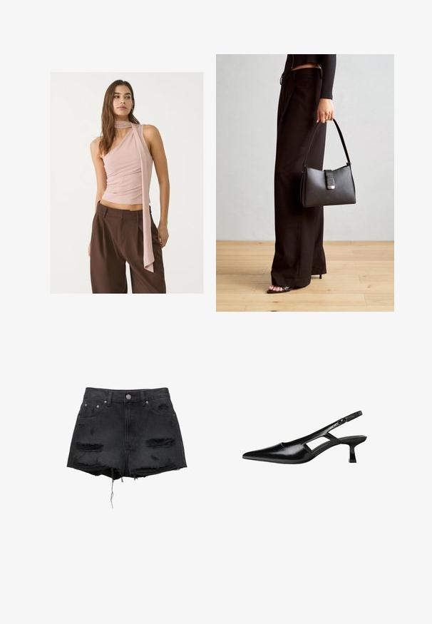 Asymetrický růžový top s nabíranou texturou, který má dlouhou šálu. Kombinováno s hnědými širokými kalhotami. Měkká tkanina, minimalistický design.; Černé džínsové šortky s třepenými okraji, stylovými skvrnami, předním zapínáním na knoflík a pěti kapsami. Klasický vysoký pas.; Černé lakované lodičky na podpatku se špičatou špičkou, výřezovým designem na boku a malým čtvercovým podpatkem. Hladká textura s minimálními akcenty.; Černá kabelka se strukturovaným tvarem, hladkým povrchem a kovovým uzávěrem. Kombinována s širokými černými kalhotami a sandály s otevřenou špičkou na dřevěné podlaze.