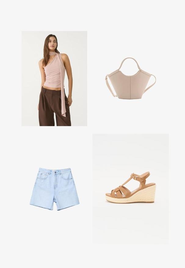 Asymmetrisk rosa topp med samlad struktur, med en lång scarfdetalj. Kombinerad med bruna vida byxor. Mjuk tyg, minimalistisk design.; Ljusblå jeansshorts med hög midja, slät framdel, fem fickor och råkant. Tyget är något slitna med subtil utbärning.; Bruna kilklackssandaler med tvärband, justerbart ankelsläp och en texturerad vävd espadrillo-kil.; Beige läderhandväska med en unik form, med två korta handtag och ett långt justerbart axelband. Slät textur med minimal hårdvara.