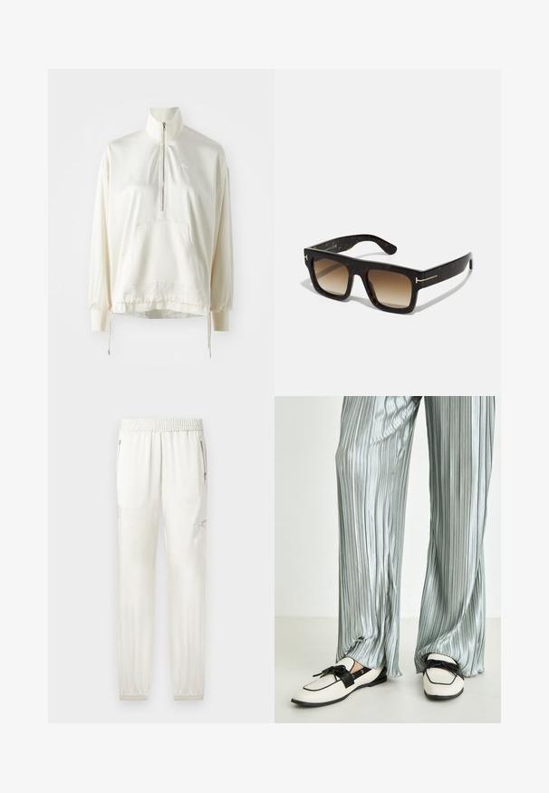 Sudadera de media cremallera en color crema claro, con un bolsillo frontal, dobladillo con cordón y logotipo bordado en color a juego en el pecho. Tejido de textura suave.; Joggers de crema clara con cinturilla elástica, puños ajustados, bolsillos laterales y detalles con cremallera. Acabado de tela suave y ligeramente brillante.; Pantalones plisados de un plateado claro combinados con zapatos de lona color crema, que cuentan con una tira negra y un detalle de lazo, con suela plana.; Gafas de sol de carey con un marco cuadrado, lentes marrones degradados y sutiles acentos dorados en las patillas.; Bolso tote de ante marrón con dos asas blandas, una correa vertical con un acento plateado y una parte superior ancha y abierta. Textura suave, diseño minimalista.