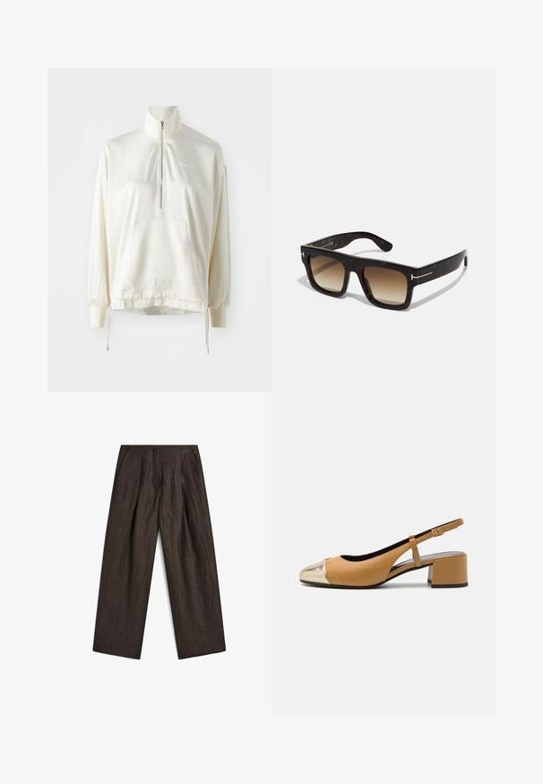 Helle Creme Quarter-Zip-Pullover mit einer Fronttasche, Zugband am Saum und besticktem Logo in passender Farbe auf der Brust. Weicher Stoff.; Dunkelbraune Hosen aus strukturiertem Stoff mit weitem Bein, gefälteltem Vorderteil und seitlichen Taschen für eine definierte Silhouette.; Helle Leder-Slingback-Pumps mit einer metallisch goldenen Kappenzehe, ausgestattet mit einem Blockabsatz und einem schmalen verstellbaren Riemen. Glatte Textur mit minimaler Detailierung.; Schildpatt-Sonnenbrille mit quadratischem Rahmen, braunen verlaufenden Gläsern und subtilen goldfarbenen Hardware-Details an den Bügeln.; Schwarze Canvas-Tasche mit zwei stabilen Griffen, versehen mit metallischen Akzenten und Fronttaschen. Die Markenbezeichnung ist in weißem Text am unteren Ende angebracht.
